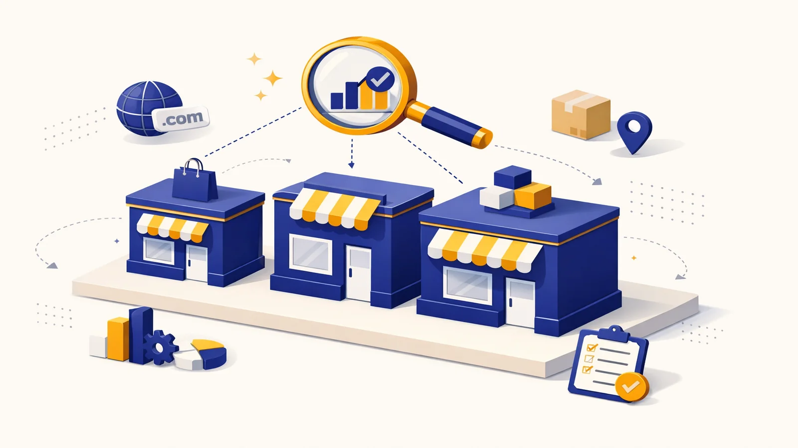 ECプラットフォーム比較とSEO観点を表現した3つの店舗ブロックのイラスト