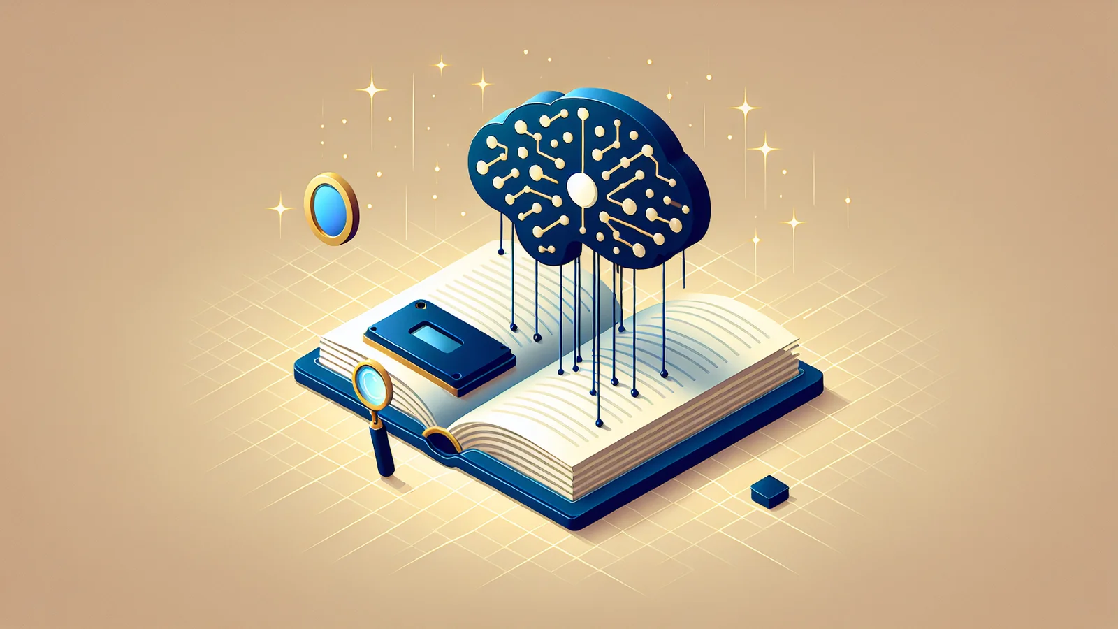 生成AI検索対応SEOの評価軸シフトを表現したAIチップと書籍のイラスト
