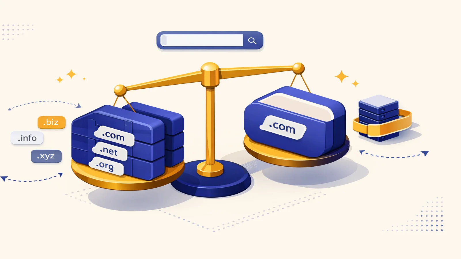 お名前.com と ムームードメイン を比較する独自ドメイン選びの全体像を表現したアイキャッチイラスト