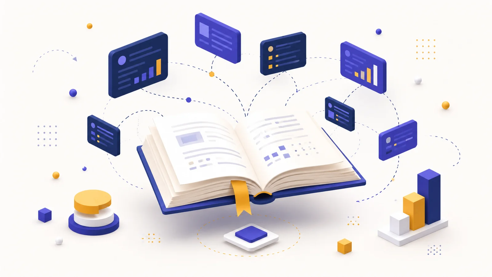 SEO用語集を表現した辞書と用語カードのイラスト